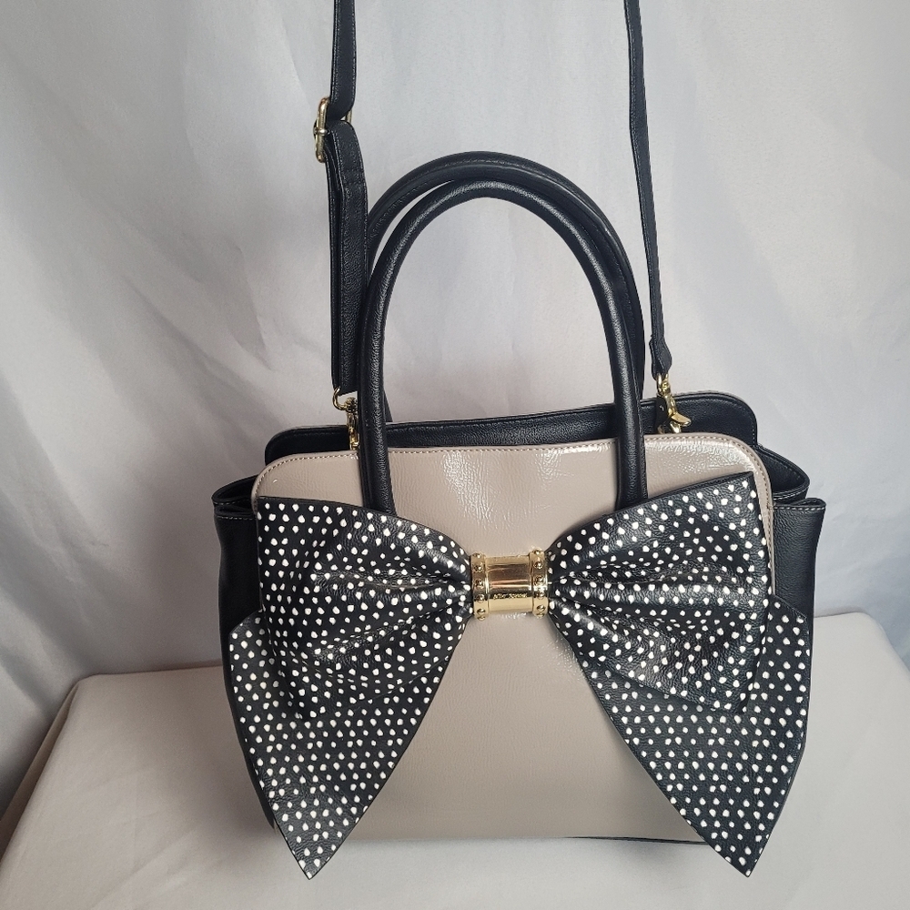Betsey Johnson Large Satchel Crossbody Bag Ovetsized Bow Taupe Black White Dots